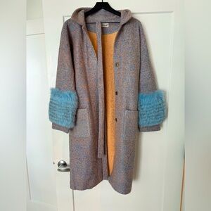 Wool boucle coat with arctic fox fur. Blue. Size small.